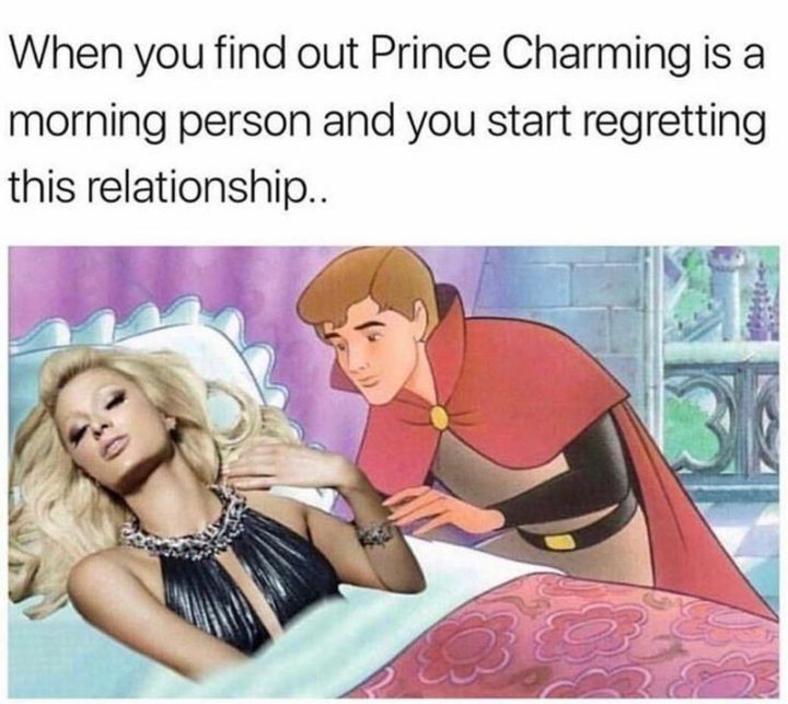 71 Funny Sleep Memes - "When you find out Prince Charming is a morning person and you start regretting this relationship."