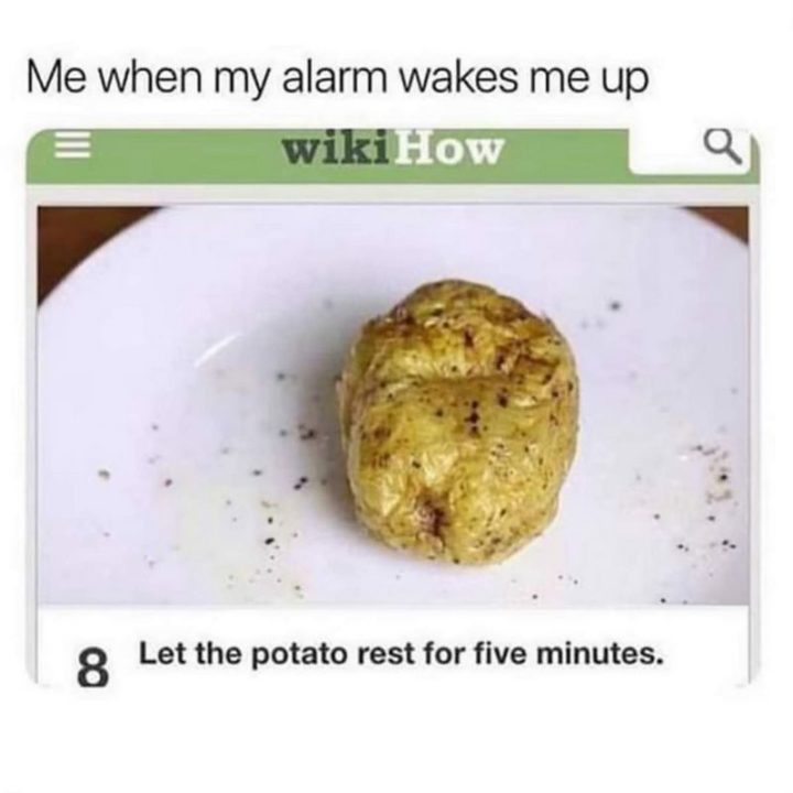 "Me when my alarm wakes me up: Let the potato rest for five minutes."