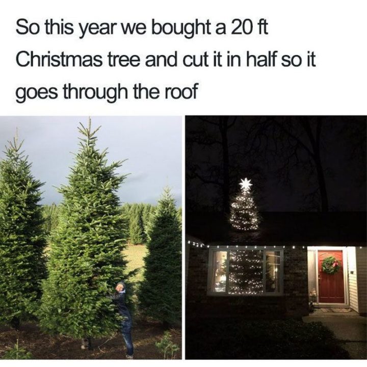 "So this year we bought a 20 ft Christmas tree and cut it in half so it goes through the roof."