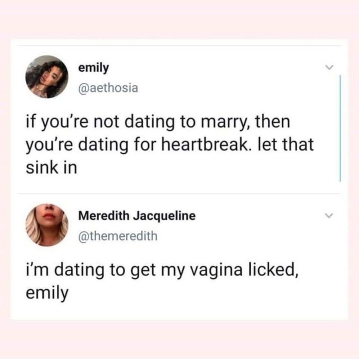 "Emily: If you're not dating to marry, then you're dating for heartbreak. Let that sink in. Meredith: I'm dating to get my [censored] licked, Emily."