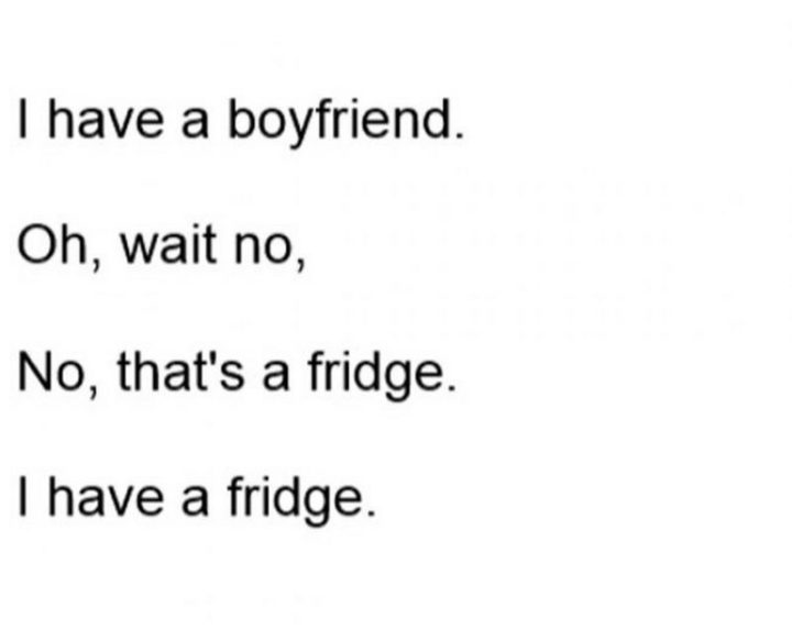 "I have a boyfriend. Oh, wait, no. No, that's a fridge. I have a fridge."