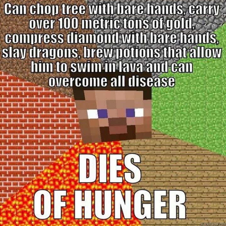 "Can chop trees with bare hands, carry over 100 metric tons of gold, compress diamond with bare hands, slay dragons, brew potions that allow him to swim in lava and can overcome all disease. Dies of hunger."