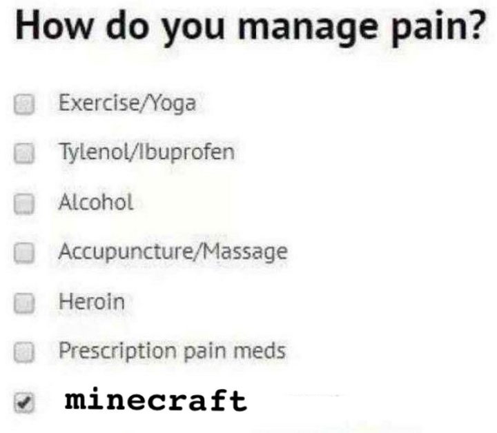 "How do you manage pain? Exercise/yoga. Tylenol/Ibuprofen. Alcohol. Acupuncture/Massage. Heroin. Prescription pain meds. Minecraft."