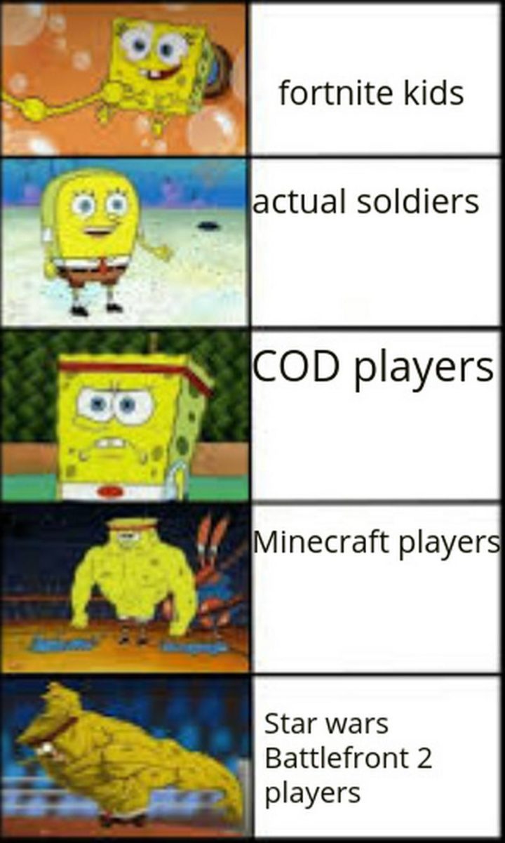 "Fortnite kids vs actual soldiers vs COD players vs Minecraft players vs Star Wars Battlefront 2 players."