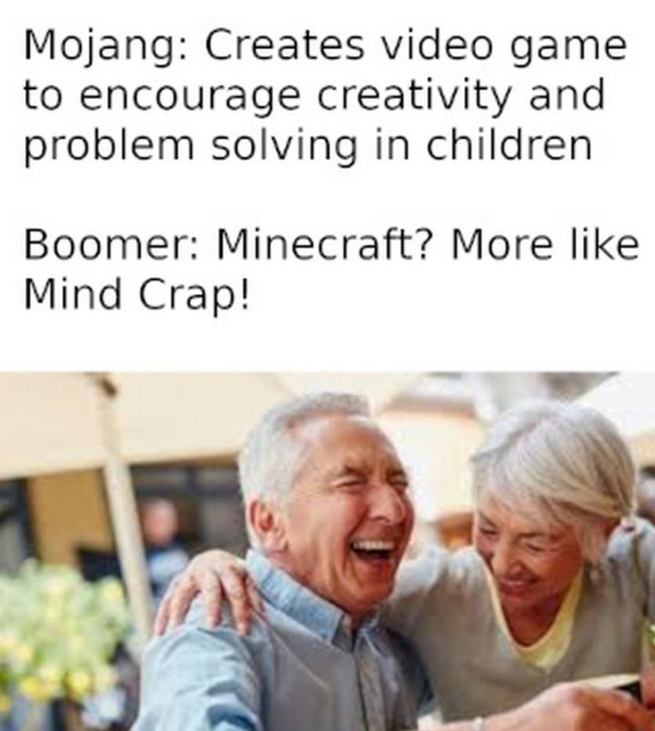 "Mojang: Creates a video game to encourage creativity and problem-solving in children. Boomer: Minecraft? More like mind crap!"