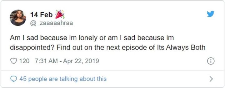 "Am I sad because I'm lonely or am I sad because I'm disappointed? Find out on the next episode of It's Always Both."