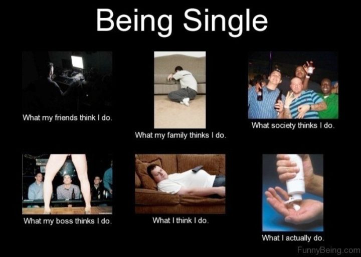 "Being single. What my friends think I do. What my family thinks I do. What society thinks I do. What my boss thinks I do. What I think I do. What I actually do."