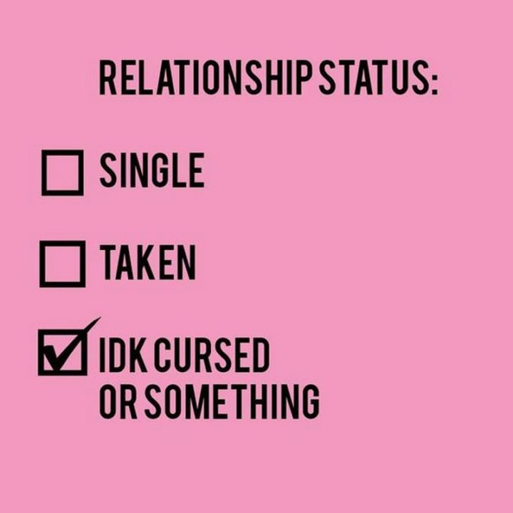"Relationship Status: Single. Taken. I don't know, cursed or something."