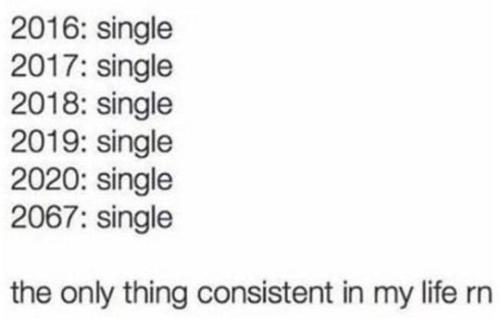 "2016: Single. 2017: Single. 2018: Single. 2019: Single. 2020: Single 2067: Single. The only thing consistent in my life rn."