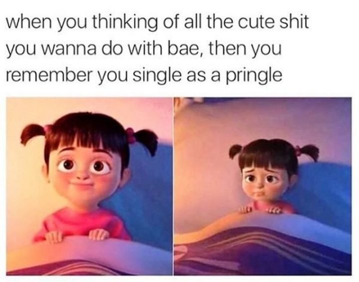 "When you thinking of all the cute shit you wanna do with bae, then you remember your single as a pringle."