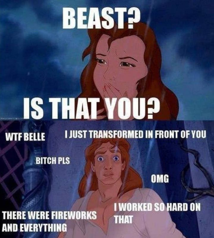 51 Funny Disney Memes - "Beast? Is that you? WTF Belle. I just transformed in front of you. [censored] pls. OMG. There were fireworks and everything. I worked so hard on that."