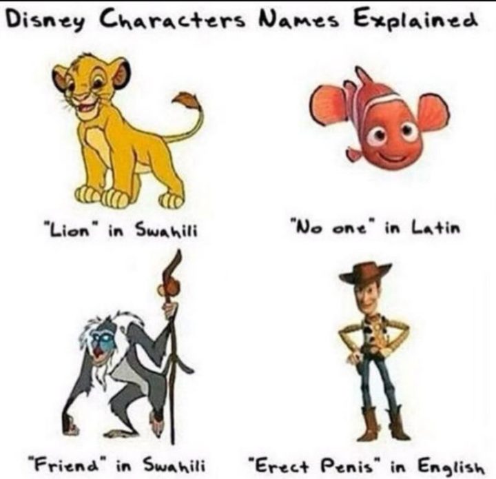 51 Funny Disney Memes - "Disney characters' names explained: 'Lion' in Swahili. 'No one' in Latin. 'Friend' in Swahili. 'Erect penis' in English."