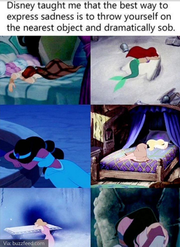 "Disney taught me that the best way to express sadness is to throw yourself on the nearest object and dramatically sob."