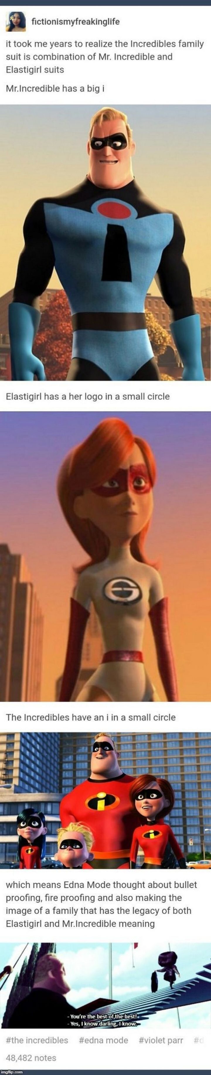 "It took me years to realize The Incredibles family suit is a combination of Mr. Incredible and Elastigirl suits. Mr. Incredible has a big I. Elastigirl has her logo in a circle. The Incredibles have an I in a circle. Which means, Edna Mode thought about bulletproofing, fireproofing, and also making the image of a family that has the legacy of both Elastigirl and Mr. Incredible meaning. You're the best of the best! Yes, I know darling, I know."