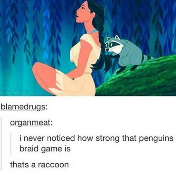 "I never noticed how strong that penguin's braid game is. That's a raccoon."