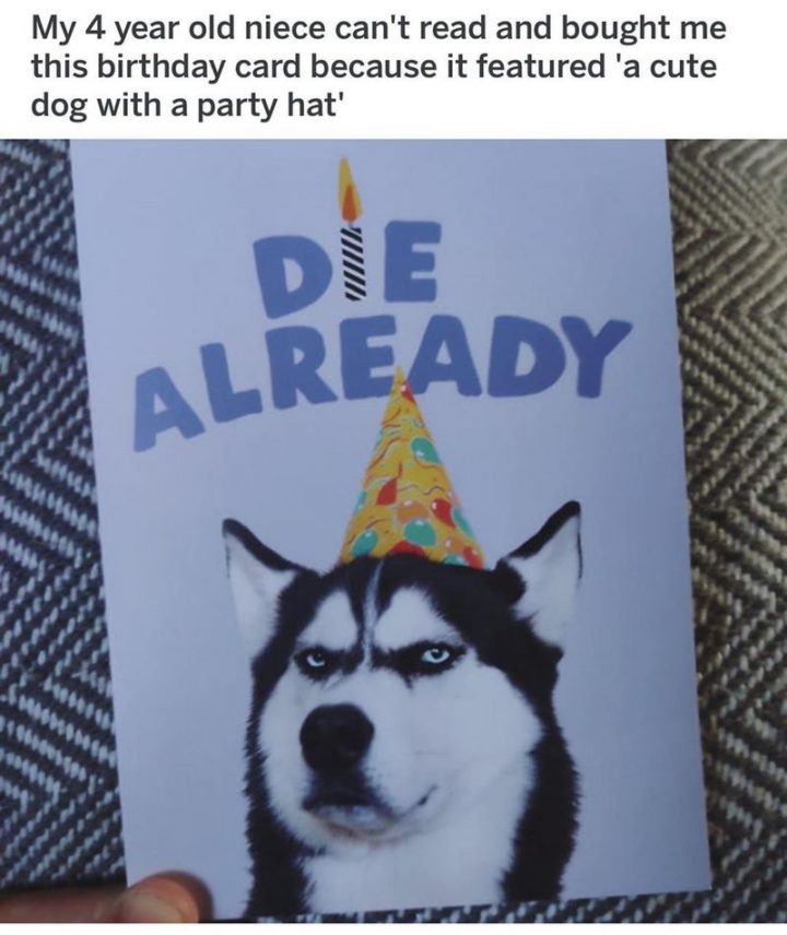 "My 4 year old niece can't read and bought me this birthday card because it featured 'a cute dog with a party hat'."