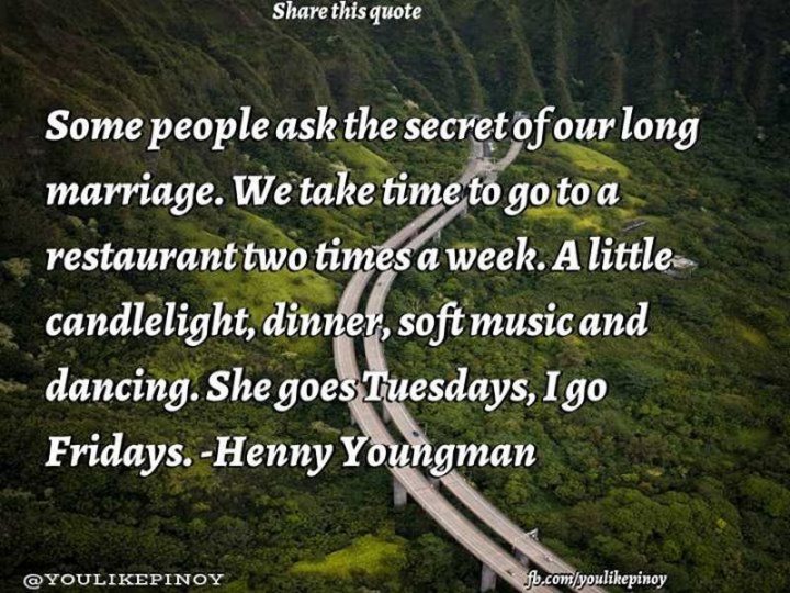 47 Friday Quotes - "Some people ask the secret of our long marriage. We take time to go to a restaurant two times a week. A little candlelight, dinner, soft music, and dancing. She goes Tuesdays, I go Fridays." - Henny Youngman