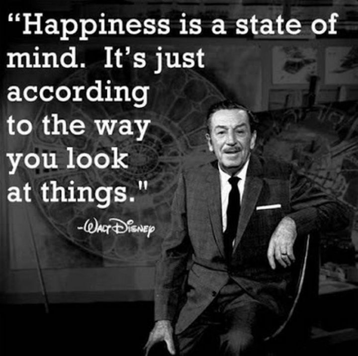 "Happiness is a state of mind. It's just according to the way you look at things." - Walt Disney