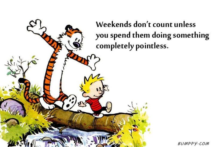 59 Cytaty o sobocie - "Weekendy się nie liczą, chyba że spędzasz je robiąc coś zupełnie bez sensu." - Unknown"Weekends don’t count unless you spend them doing something completely pointless." - Unknown 