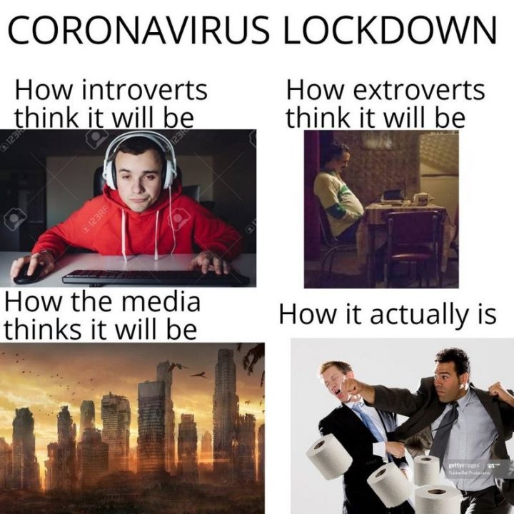 "Coronavirus lockdown: How introverts think it will be. How extroverts think it will be. How the media thinks it will be. How it actually is."