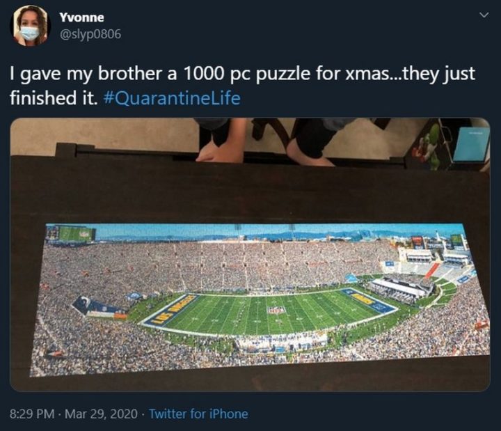 "I gave my brother a 1000 piece puzzle for Xmas...they just finished it. Quarantine Life." 