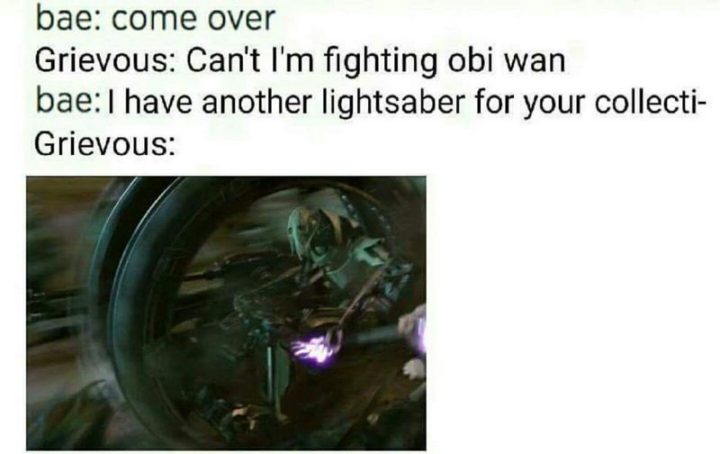 61 Star Wars Memes - "Bae: Come over. Grievous: Can't I'm fighting Obi-Wan. Bae: I have another lightsaber for your collection. Grievous:"