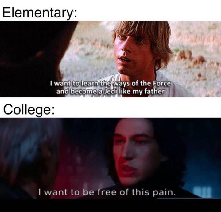 61 Star Wars Memes - "Elementary: I want to learn the ways of the Force and become a Jedi like my father. College: I want to be free of this pain."