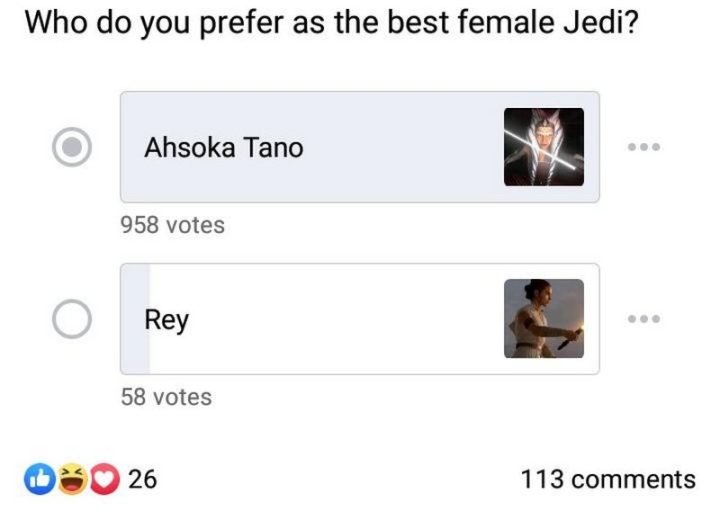 "Who do you prefer as the best female Jedi? Ahsoka Tano - 958 votes. Rey - 58 votes."