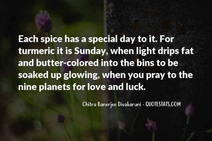 "Each spice has a special day to it. For turmeric, it is Sunday, when light drips fat and butter-colored into the bins to be soaked up glowing when you pray to the nine planets for love and luck." - Chitra Banerjee Divakaruni