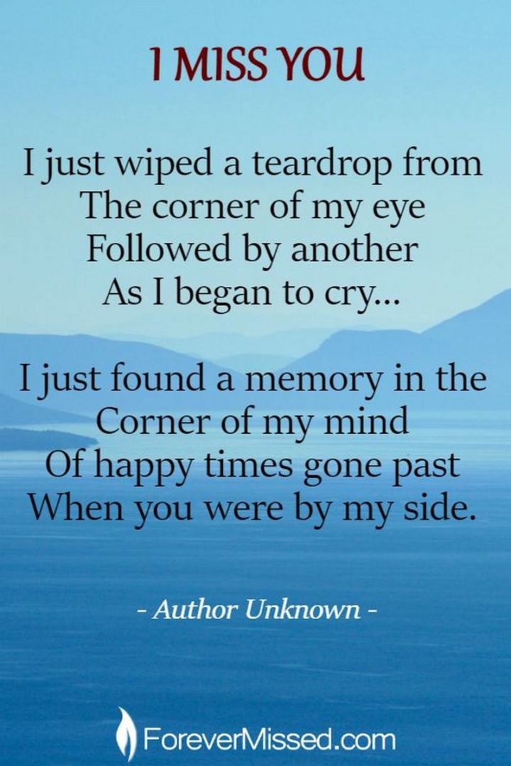 "I miss you. I just wiped a teardrop from the corner of my eye followed by another as I began to cry...I just found a memory in the corner of my mind of happy times gone past when you were by my side." - Unknown