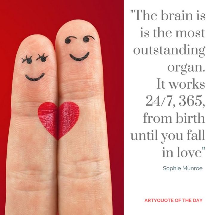 53 Funny Love Quotes - "The brain is the most outstanding organ. It works 24/7, 365 from birth until you fall in love." - Sophie Monroe