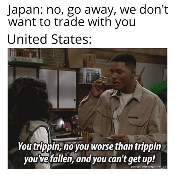 55 Funny History Memes - "Japan: No, go away, we don't want to trade with you. United States: You Trippin, no you worse than Trippin. You've fallen, and you can't get up!"