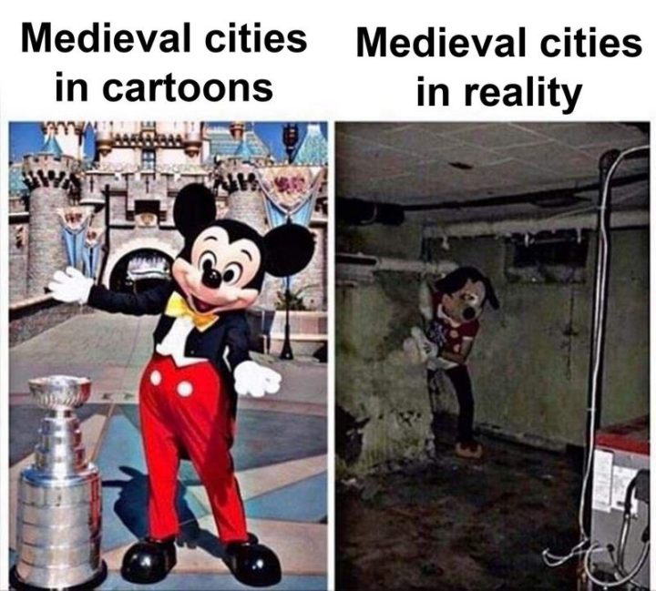 55 Funny History Memes - "Medieval cities in cartoons vs. Medieval cities in reality."