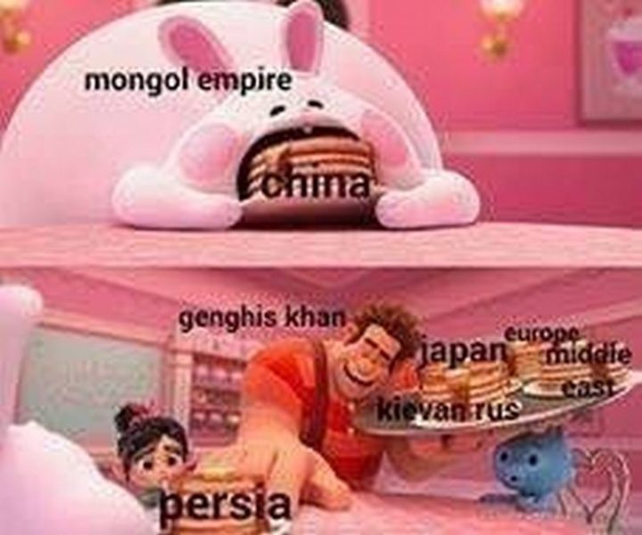 55 Funny History Memes - "Mongol empire. China. Genghis Khan. Japan. Europe. The Middle East. Kievan Rus'. Persia."