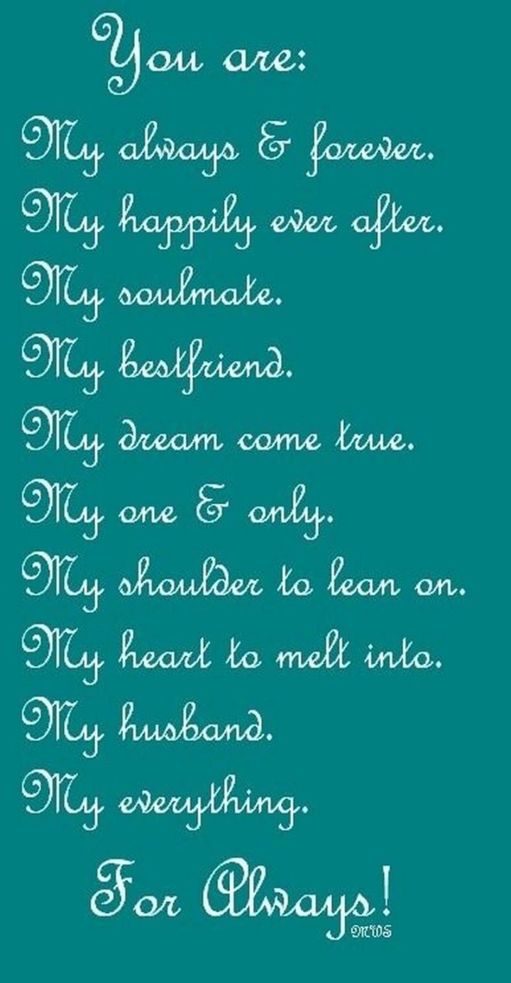 "You are: My always and forever. My happily ever after. My soulmate. My best friend. My dream come true. My one and only. My shoulder to lean on. My heart to melt into. My husband. My everything." - Unknown
