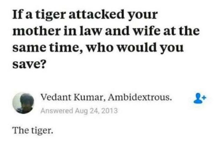 "If a tiger attacked your mother in law and wife at the same time, who would you save? The tiger."