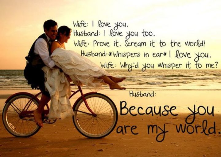 "Wife: I love you. Husband: I love you too. Wife: Prove it. Scream it to the world! Husband: *whispers in ear* I love you. Wife: Why'd you whisper it to me? Husband: Because you are my world."