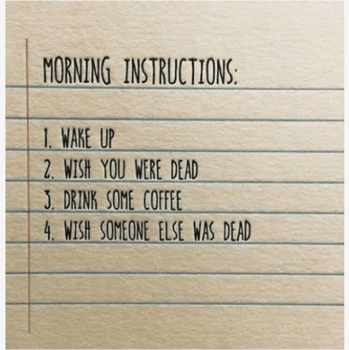 "Morning instructions: 1) Wake up. 2) Wish you were dead. 3) Drink some coffee. 4) Wish someone else was dead."