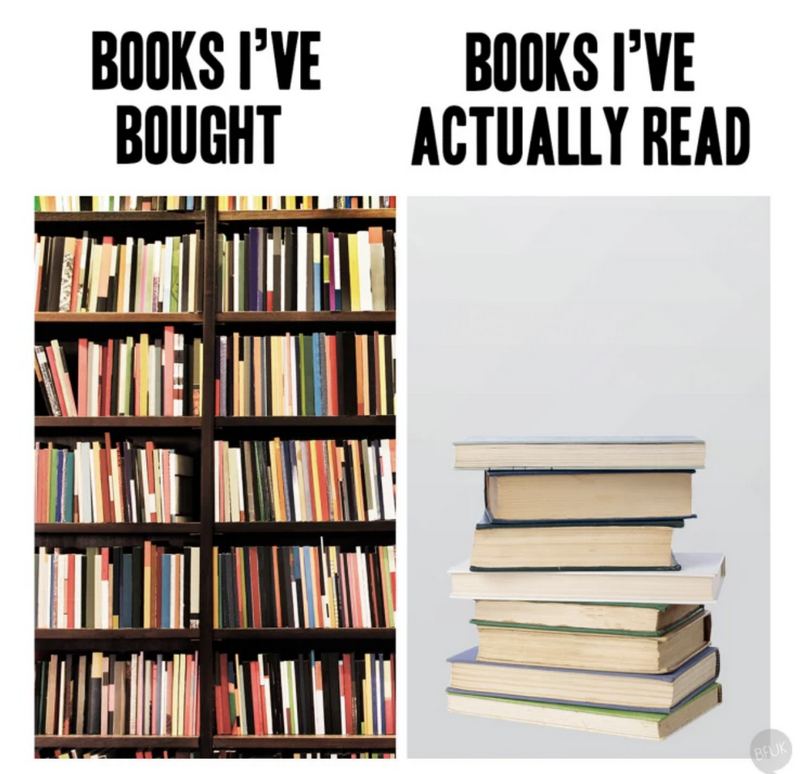 73 Funny Reading Memes - "Books I've bought VS Books I've actually read."