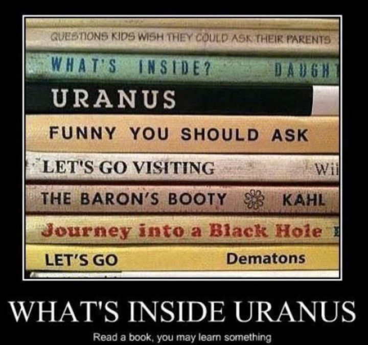 "What's inside Uranus: Read a book, you may learn something. Questions kids wish they could ask their parents. What's inside? Uranus. Funny you should ask. Let's go visiting. The baron's booty. Journey into a black hole. Let's go."