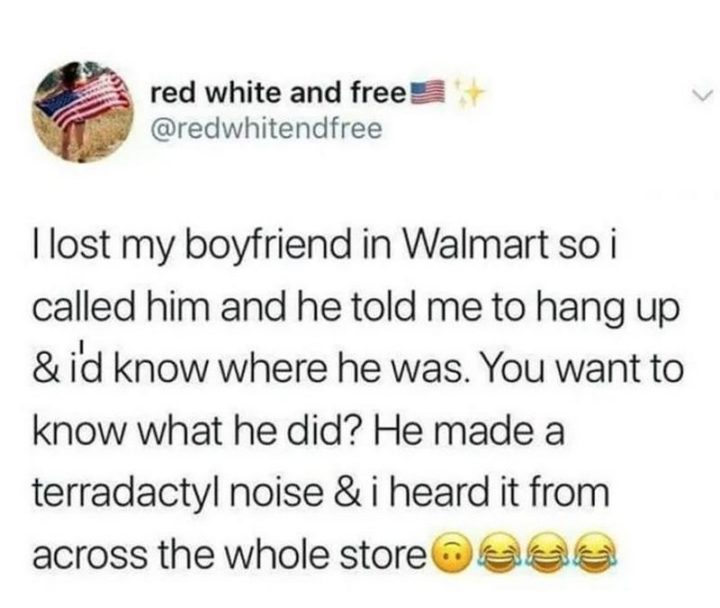 "I lost my boyfriend in Walmart so I called him and he told me to hang up and I'd know where he was. Do you want to know what he did? He made a pterodactyl noise and I heard it from across the whole store."