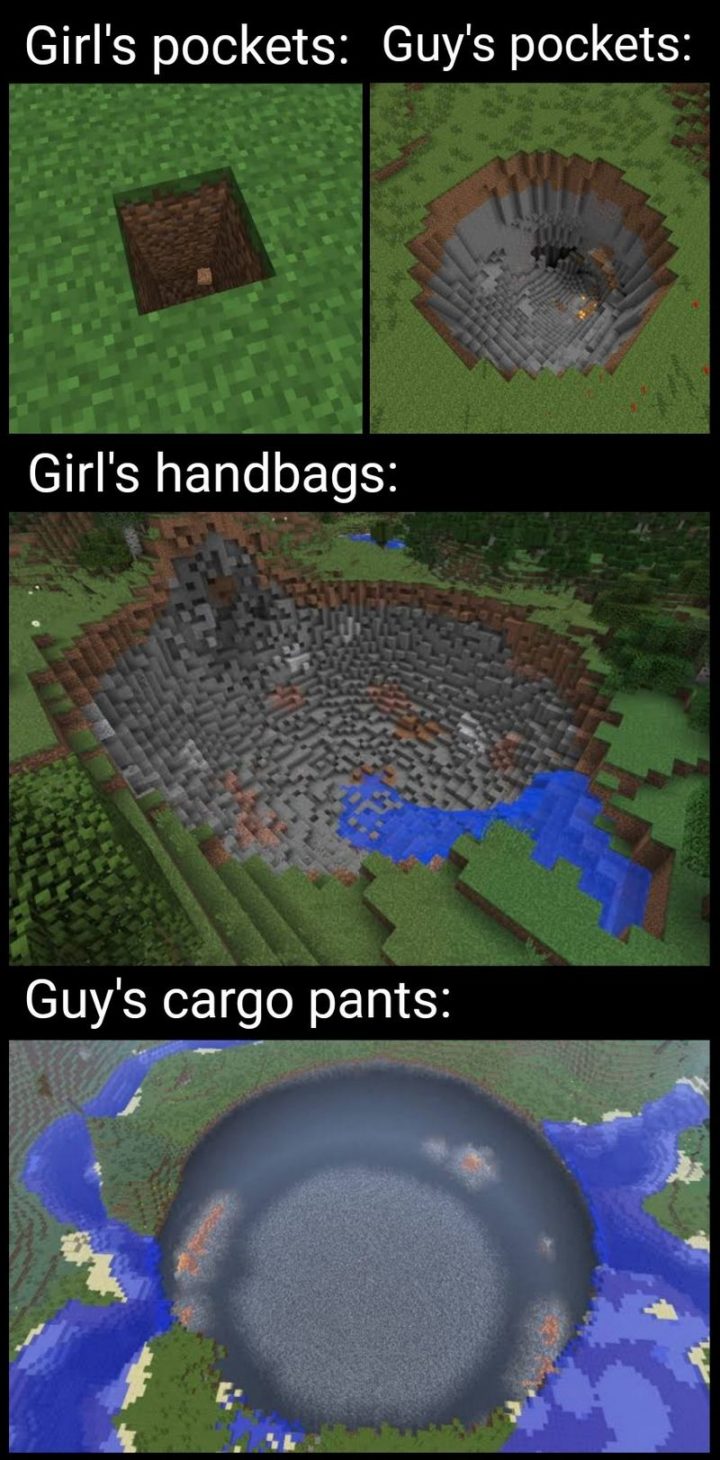 "Girl's pockets: Guy's pockets: Girl's handbags: Guy's cargo pants."