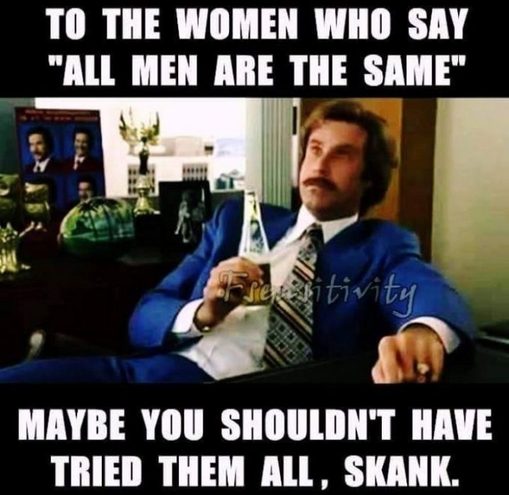 "To the women who say, 'All men are the same,' maybe you shouldn't have tried them all, skank."