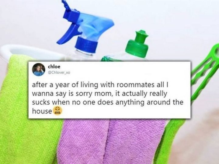 "After a year of living with roommates all I wanna say is sorry mom, it actually really sucks when no one does anything around the house."