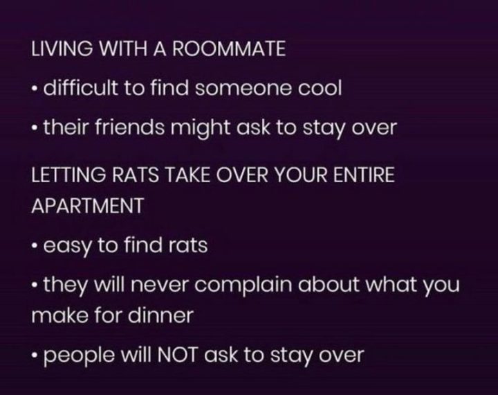 "Living with a roommate. Difficult to find someone cool. Their friends might ask to stay over. Letting rats take over your entire apartment. Easy to find rats. They will never complain about what you make for dinner. People will NOT ask to stay over."