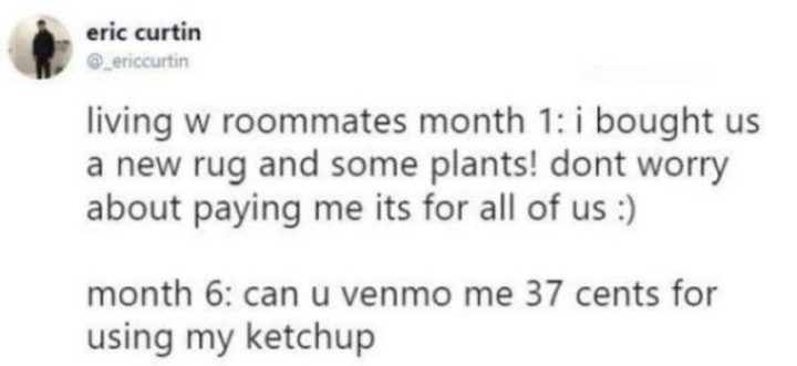 "Living w roommates month 1: I bought myself a new rug and some plants! Don't worry about paying me it's for all of us :). Month 6: Can u Venmo me 37 cents for using my ketchup."