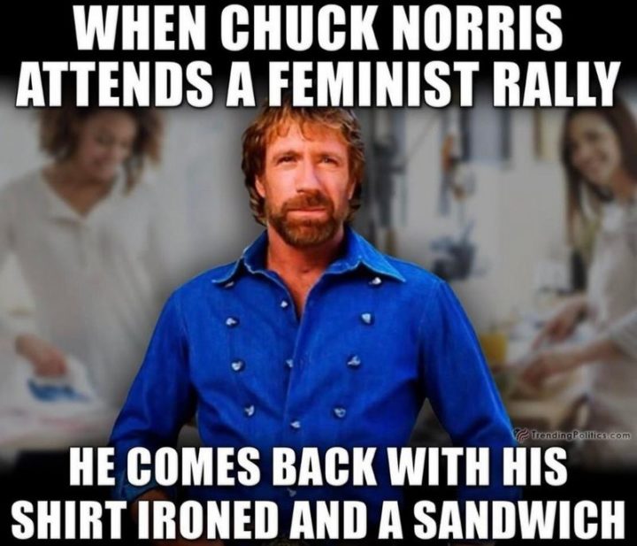 "When Chuck Norris attends a feminist rally, he comes back with his shirt ironed and a sandwich."