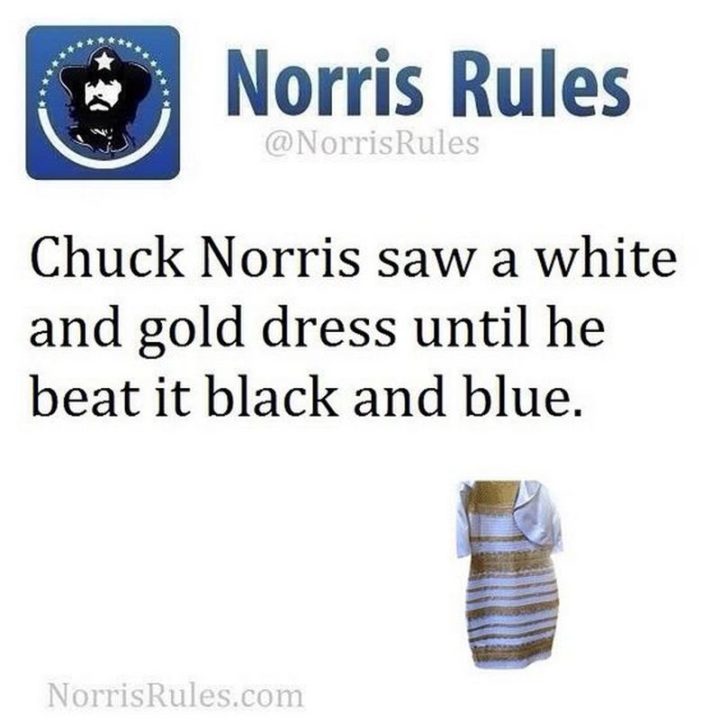 "Chuck Norris saw a white and gold dress until he beat it black and blue."