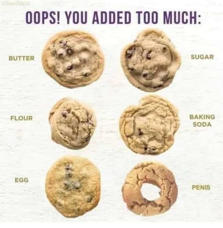 "Oops! You added too much: Butter. Sugar. Flour. Baking soda. Egg. [censored]."