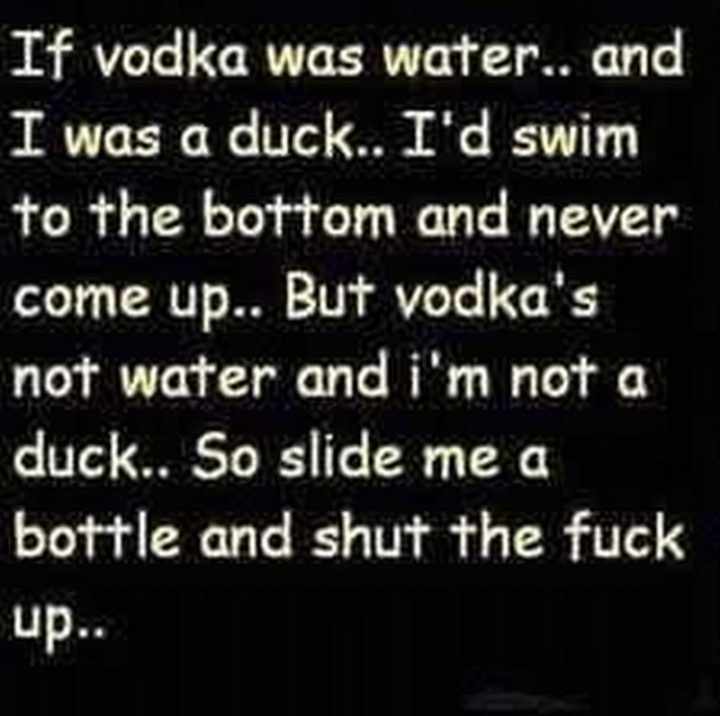 "If vodka was water...And I was a duck...I'd swim to the bottom and never come up...But vodka's not water and I'm not a duck...So slide me a bottle and shut the [censored] up..."